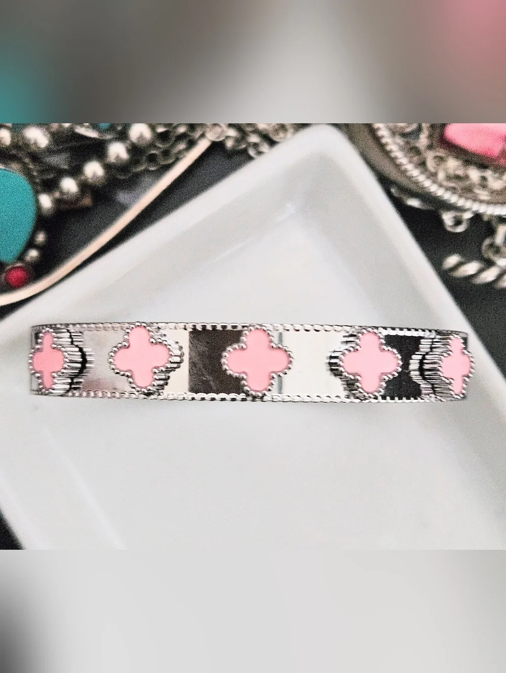PINK CLOVER BANGLE CUFF BRACELET STAINLESS STEEL SIZE 5.5 - 6